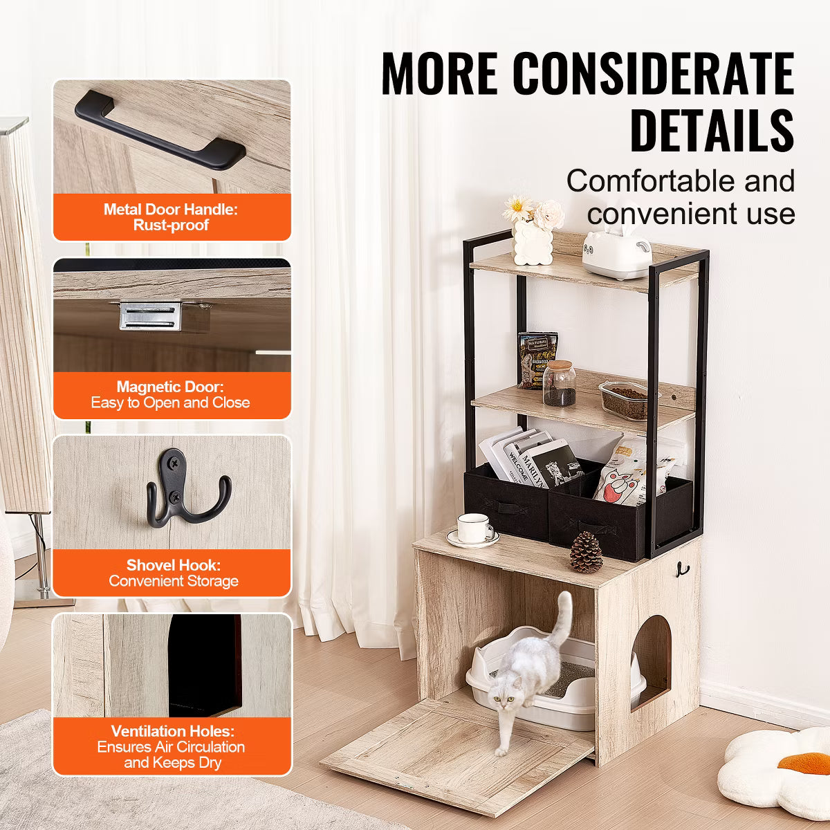 Cat Litter Box Enclosure, Hidden Litter Box Furniture with 2 Storage Shelves & 2 Baskets