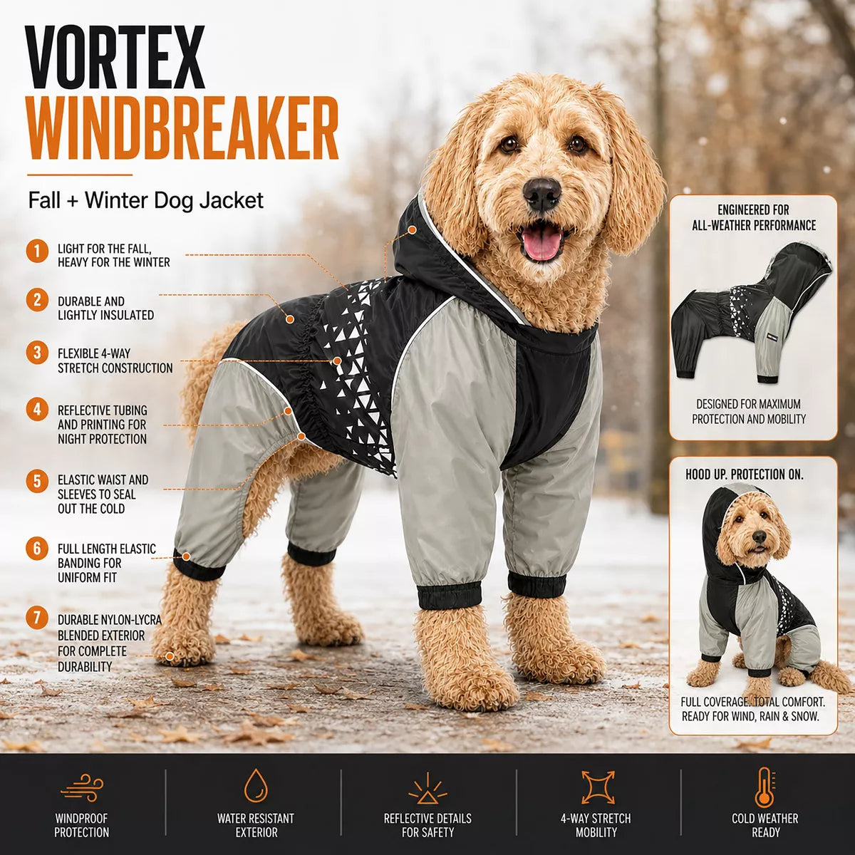 Vortex Full Bodied Waterproof Windbreaker Dog Jacket