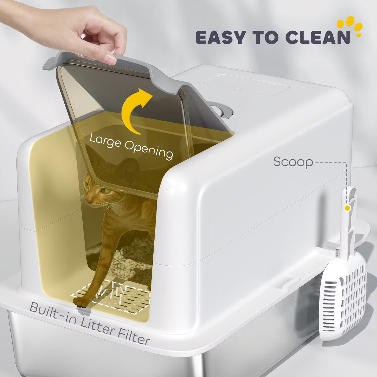 Stainless Steel Cat Litter Box, Extra Large 2 in 1 Kitty Litter Box with Removable Lid, Scoop,