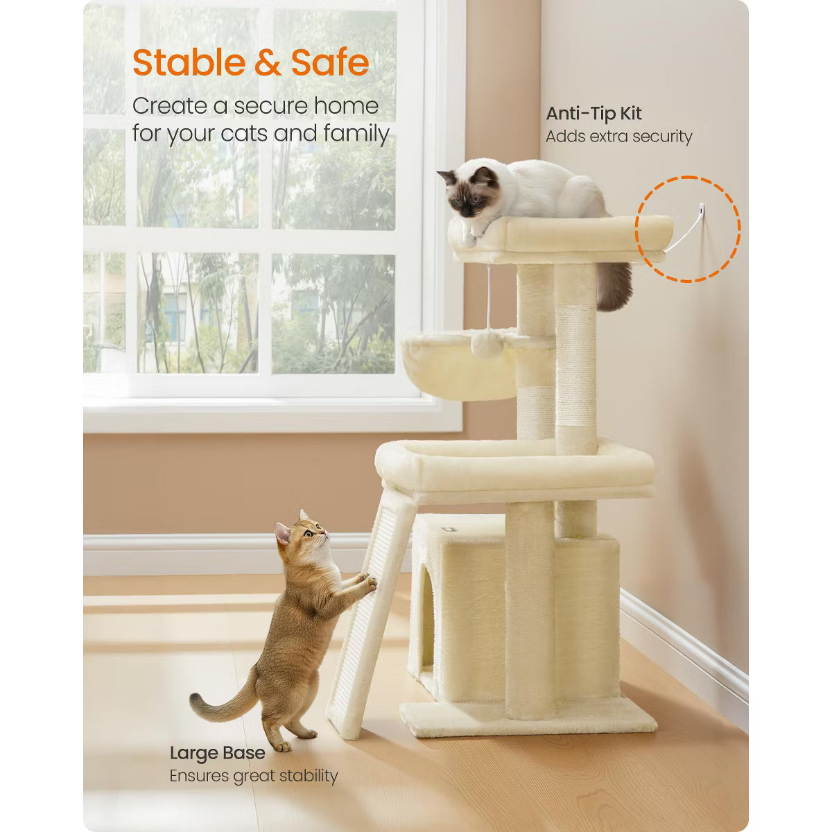 Cat Tower Condo with Scratching Posts and Ramp, 2 Large Perches
