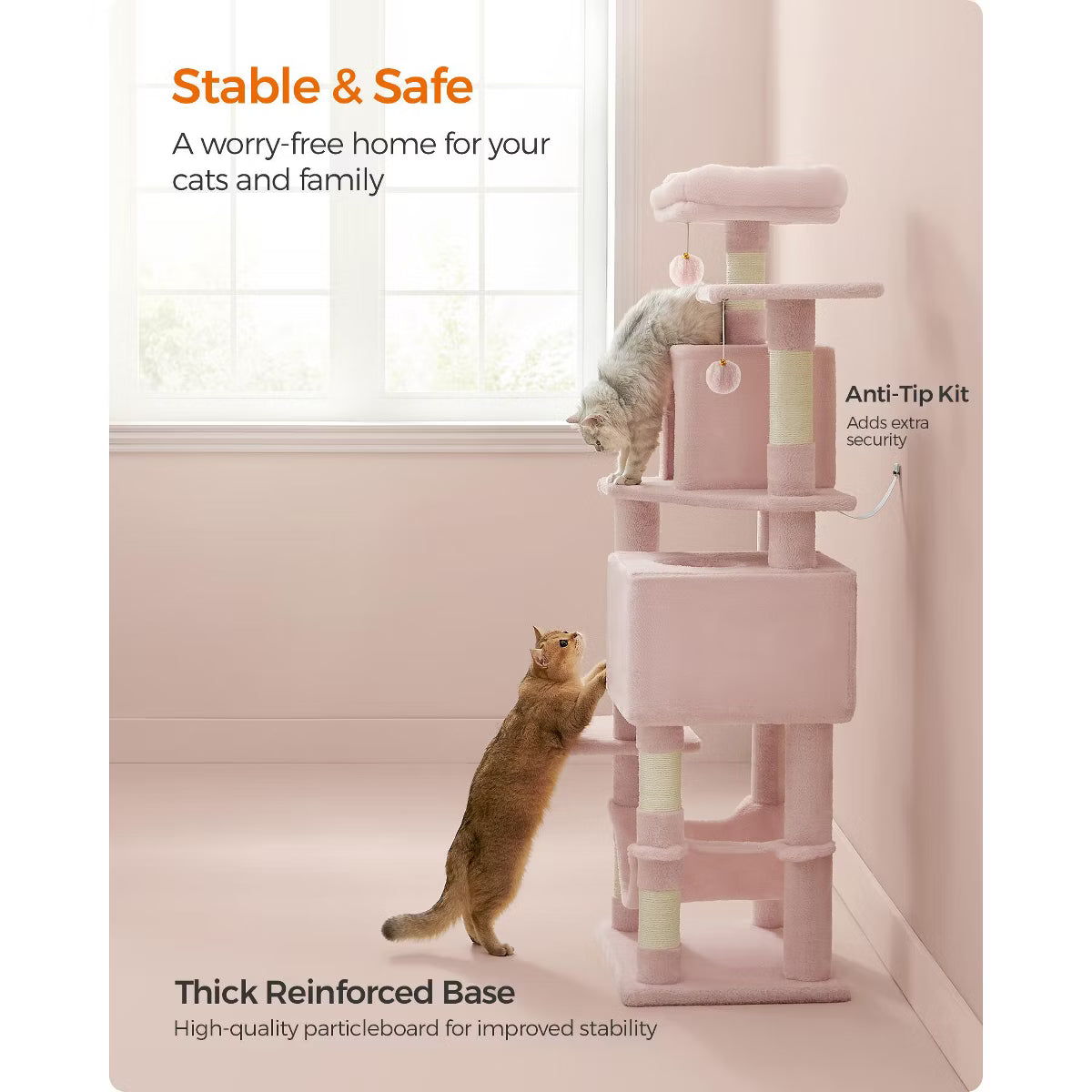 9.5-Inch Tall Cat Tower, Plush Multi-Level Condo with 5 Scratching Posts, 2 Perches