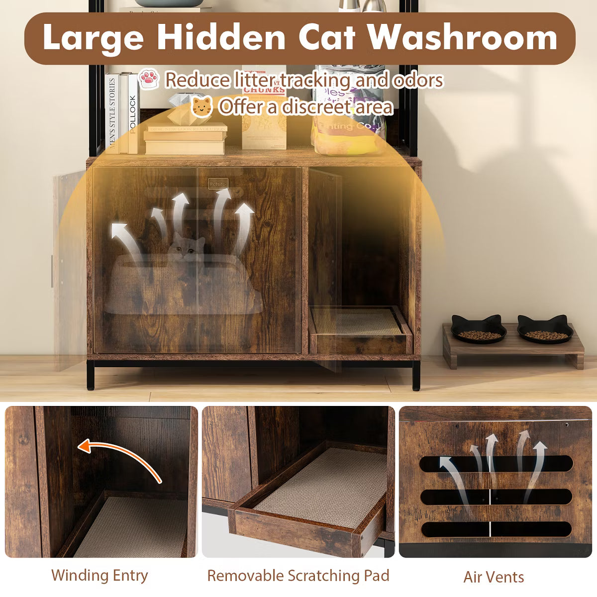 61" Cat Litter Box Enclosure w/ Storage 3-tier Shelves Side Entrance Indoor