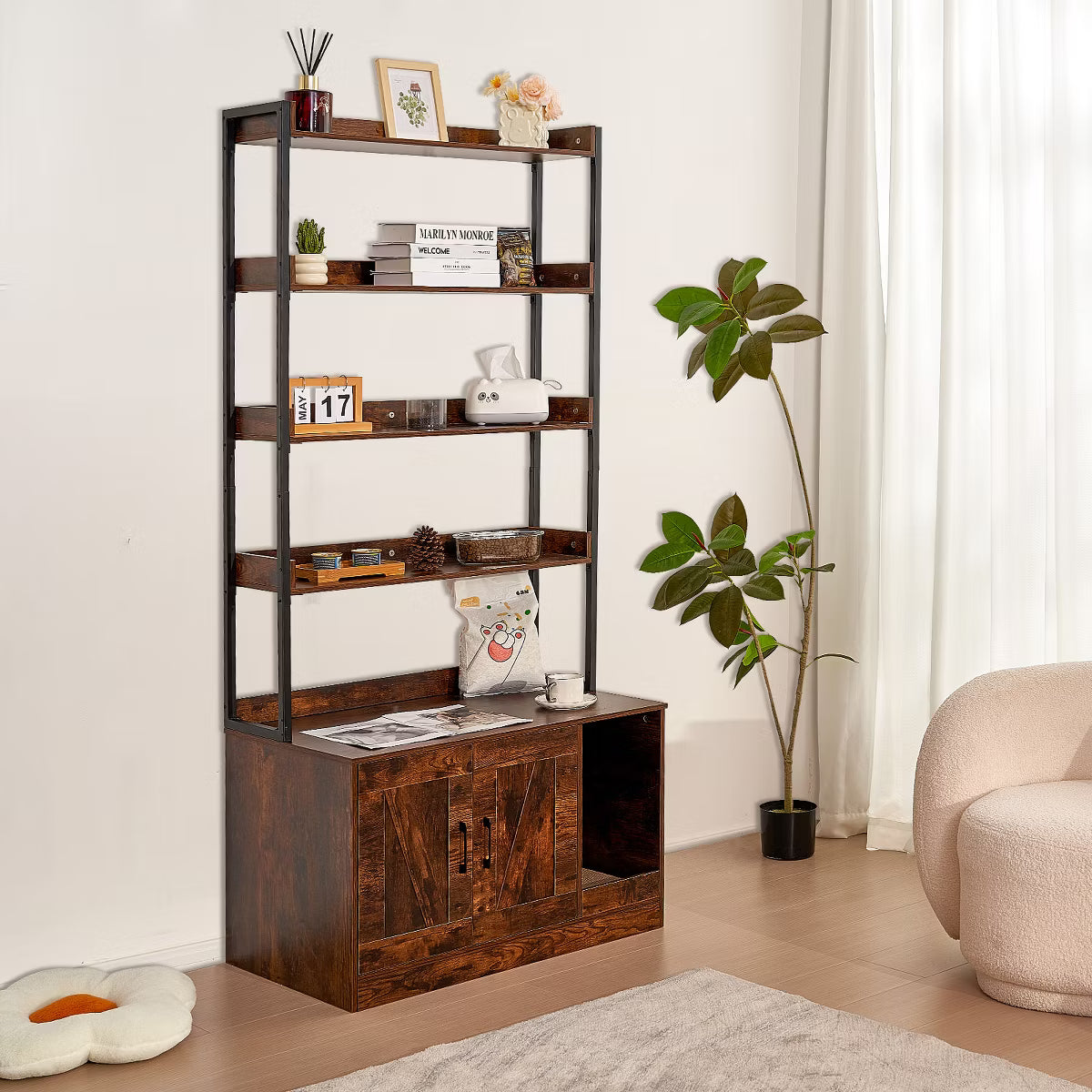 Cat Litter Box Enclosure, Hidden Litter Box Furniture with 4 Storage Shelves, Wooden Cat Washroom Indoor