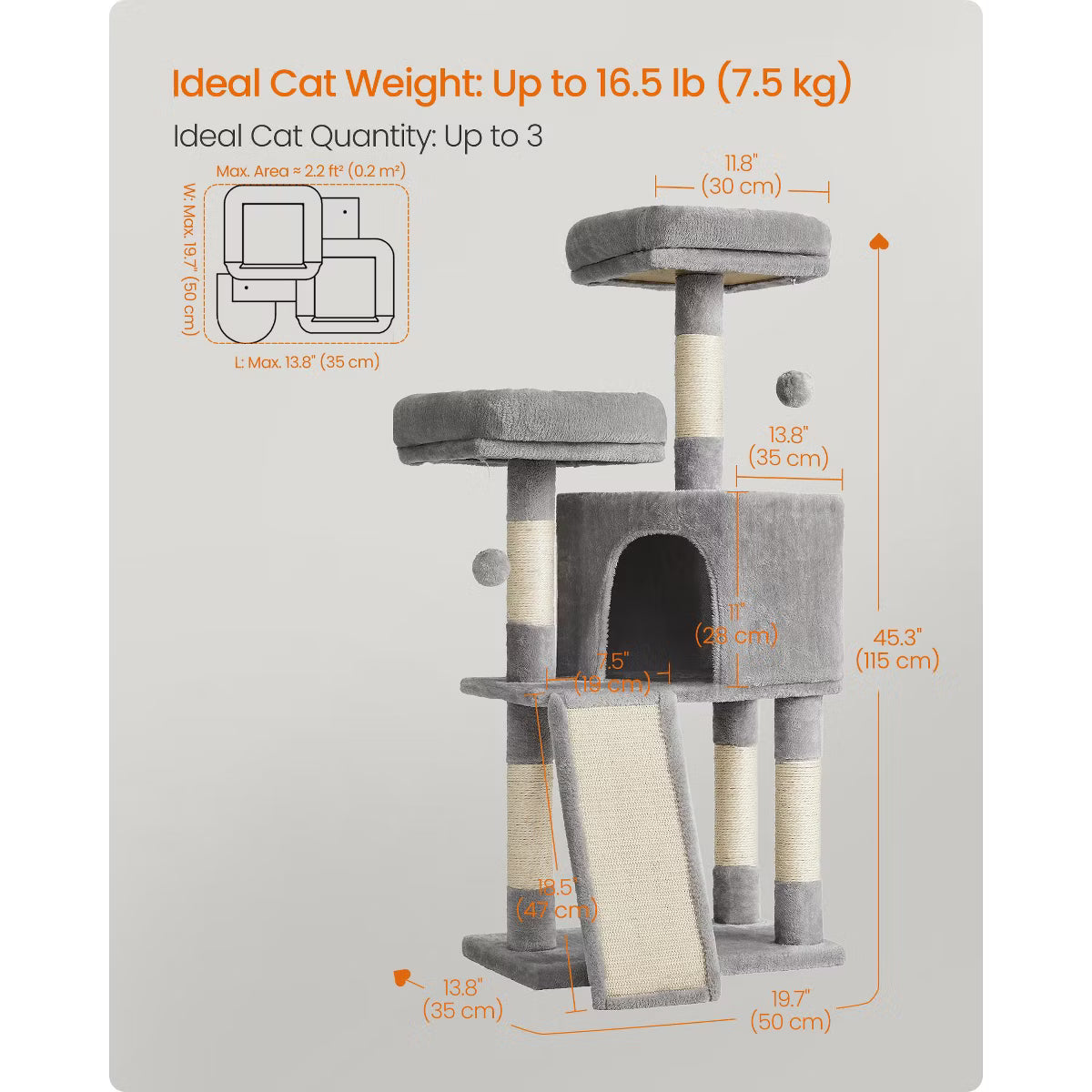 45.3-Inch Cat Tower with Scratching Ramp, Multi-Level Cat Condo with Spacious Cave & 2 Perches,
