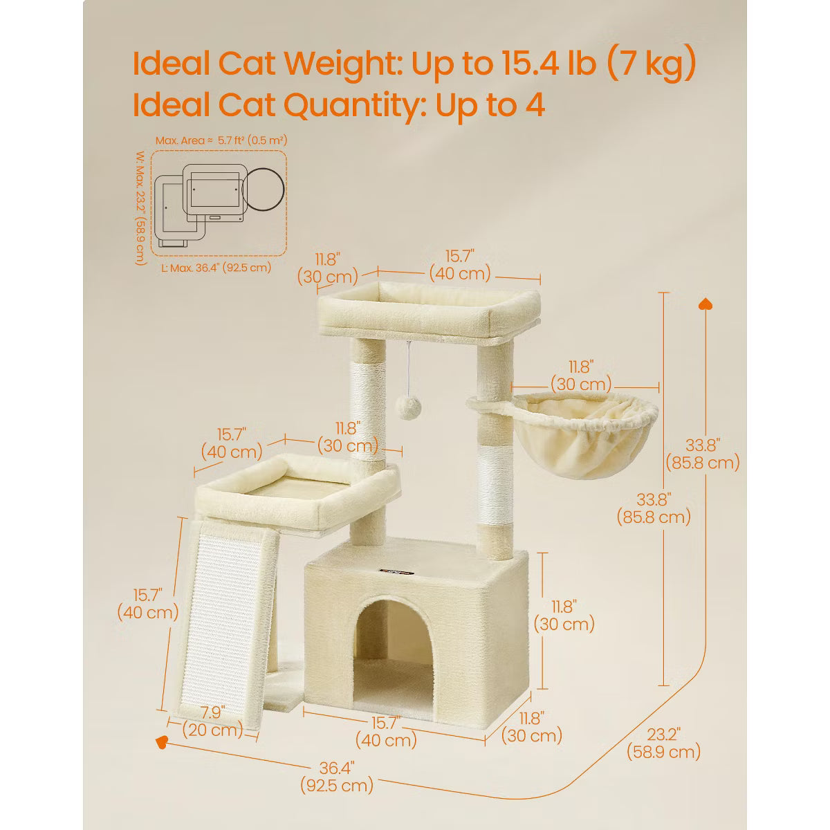 Cat Tower Condo with Scratching Posts and Ramp, 2 Large Perches