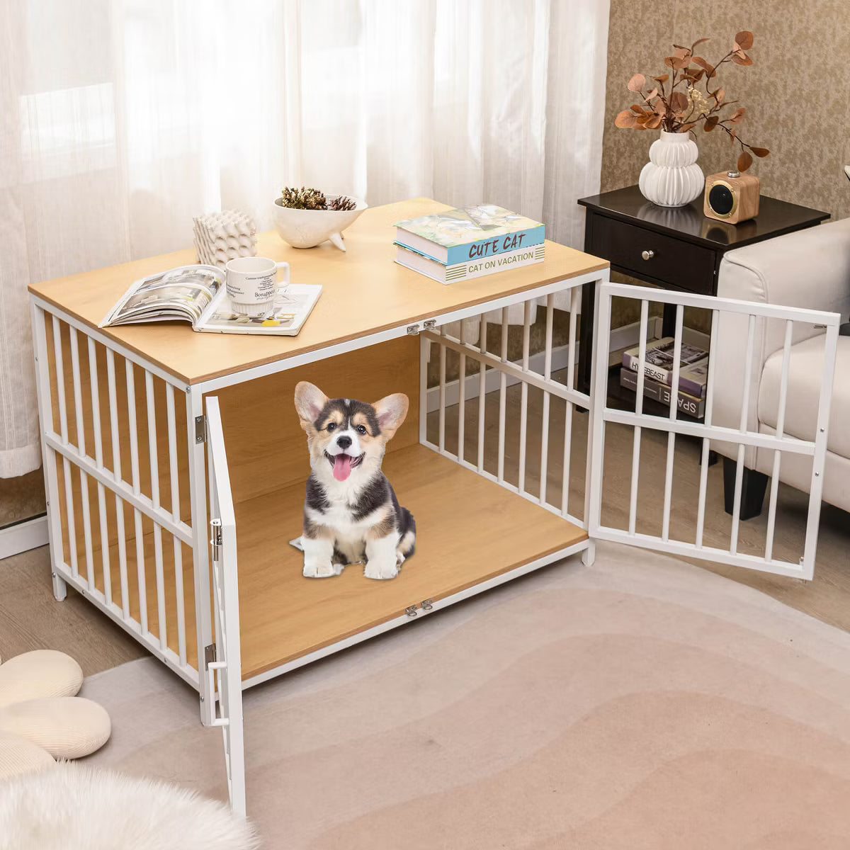 Heavy-duty Dog Crate Furniture with 2 Lockable Doors for Small Medium Breeds Natural