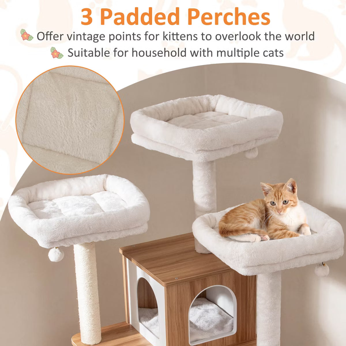 68” Tall Cat Tree Wood Cat Tower w/ 3 Padded Perches Multi-Level Climbing Furniture
