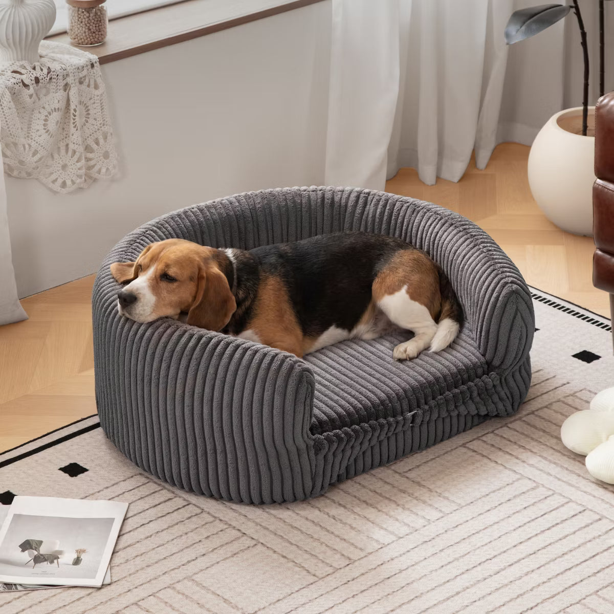 32.6" Orthopedic Corduroy Dog Couch Bed With High Backrest For Dogs Up To 70lbs