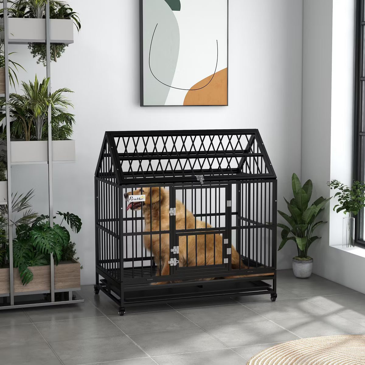 Heavy Duty Dog Crate, Strong Steel Large Dog Crate with 4 Lockable Wheels,