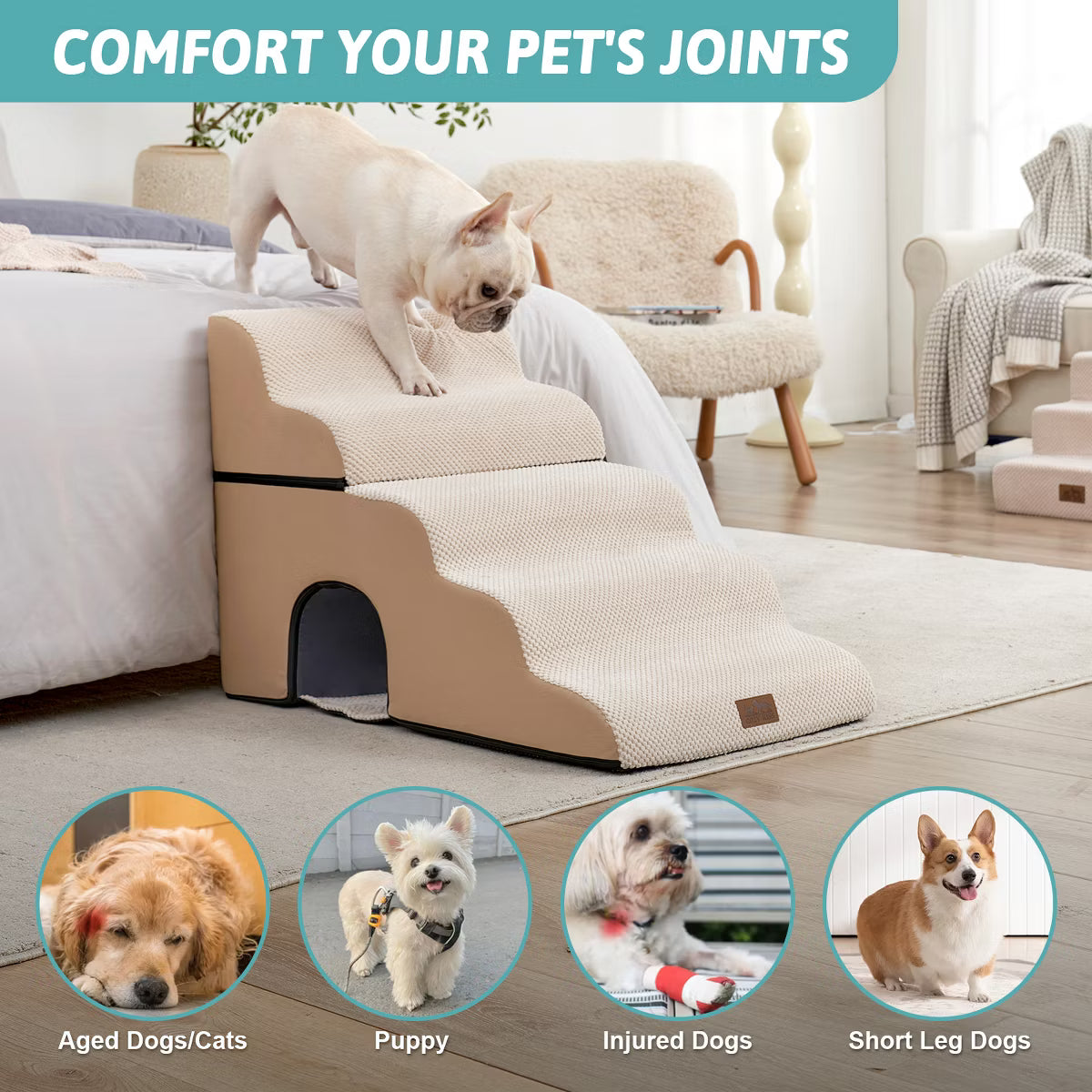 Wide Dog Stairs with Tunnel / 5-Step Foam Pet Ramp