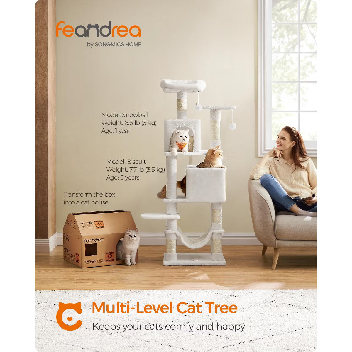 9.5-Inch Tall Cat Tower, Plush Multi-Level Condo with 5 Scratching Posts, 2 Perches