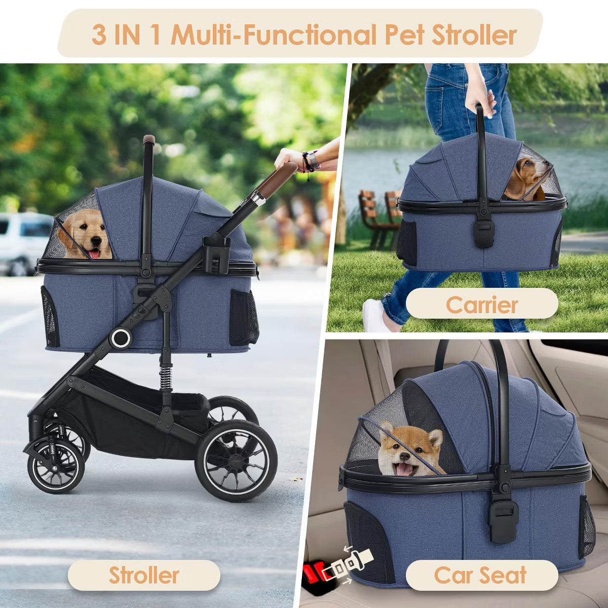 3-in-1 Folding Pet Stroller for Small to Medium Dogs and Cats up to 50 lbs with Storage Basket