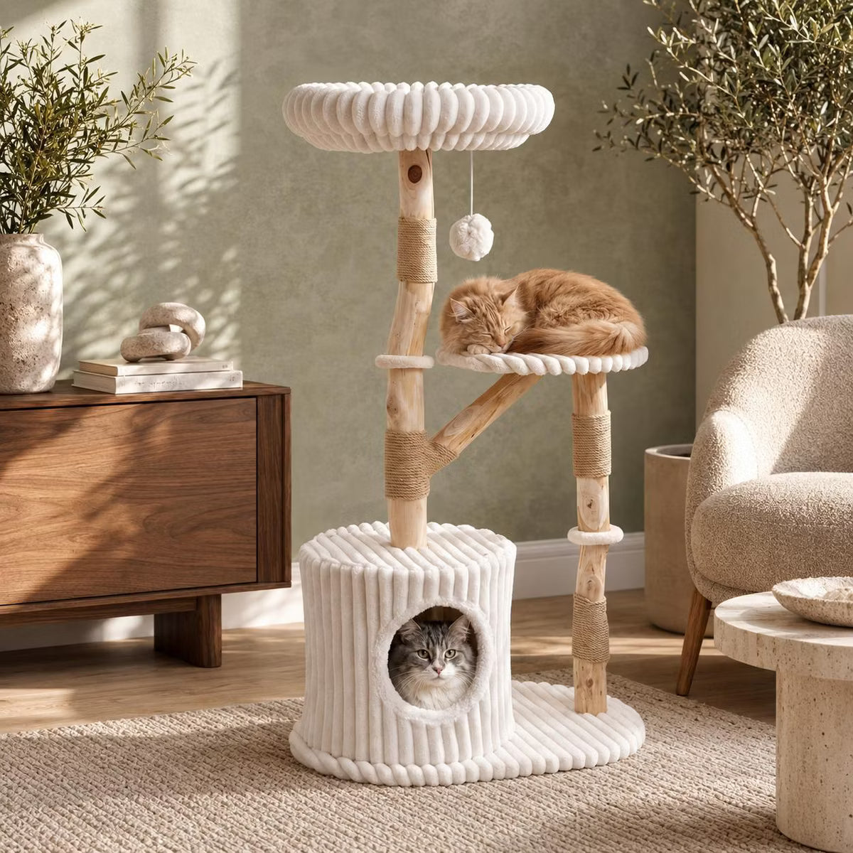 Solid Wood Cat Tree Tower 41 Inch with Real Branches, Scratching Posts and Cozy Bed