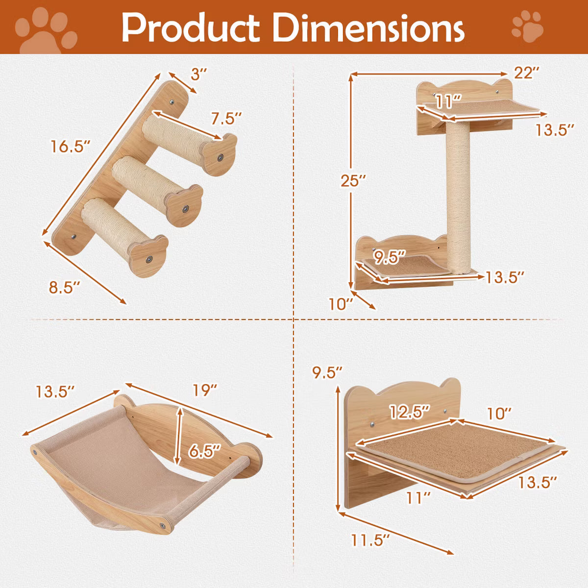 4-Piece Wall Mounted Cat Playground w/ 2-step Cat Tree Wooden Cat Climber Furniture Set