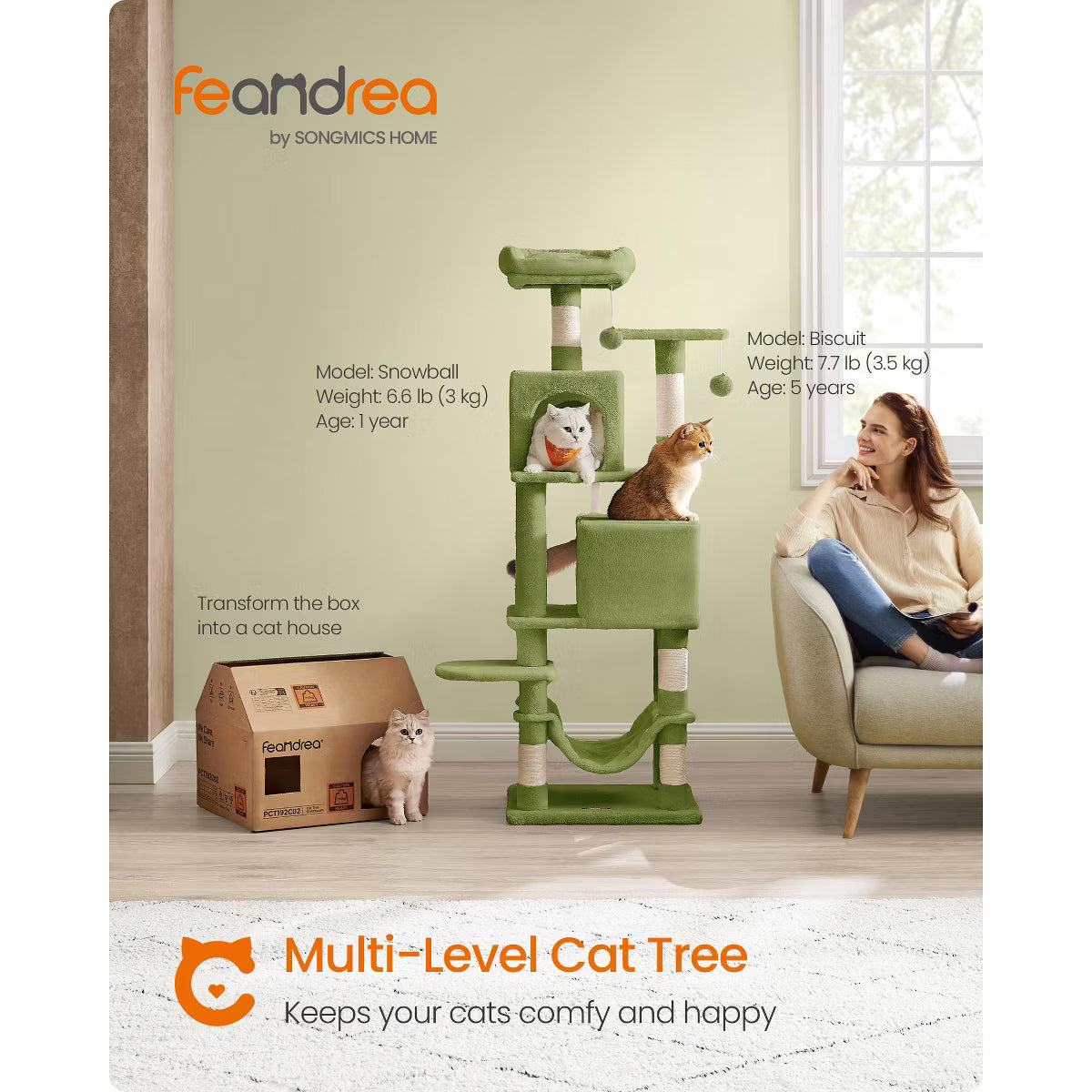 9.5-Inch Tall Cat Tower, Plush Multi-Level Condo with 5 Scratching Posts, 2 Perches