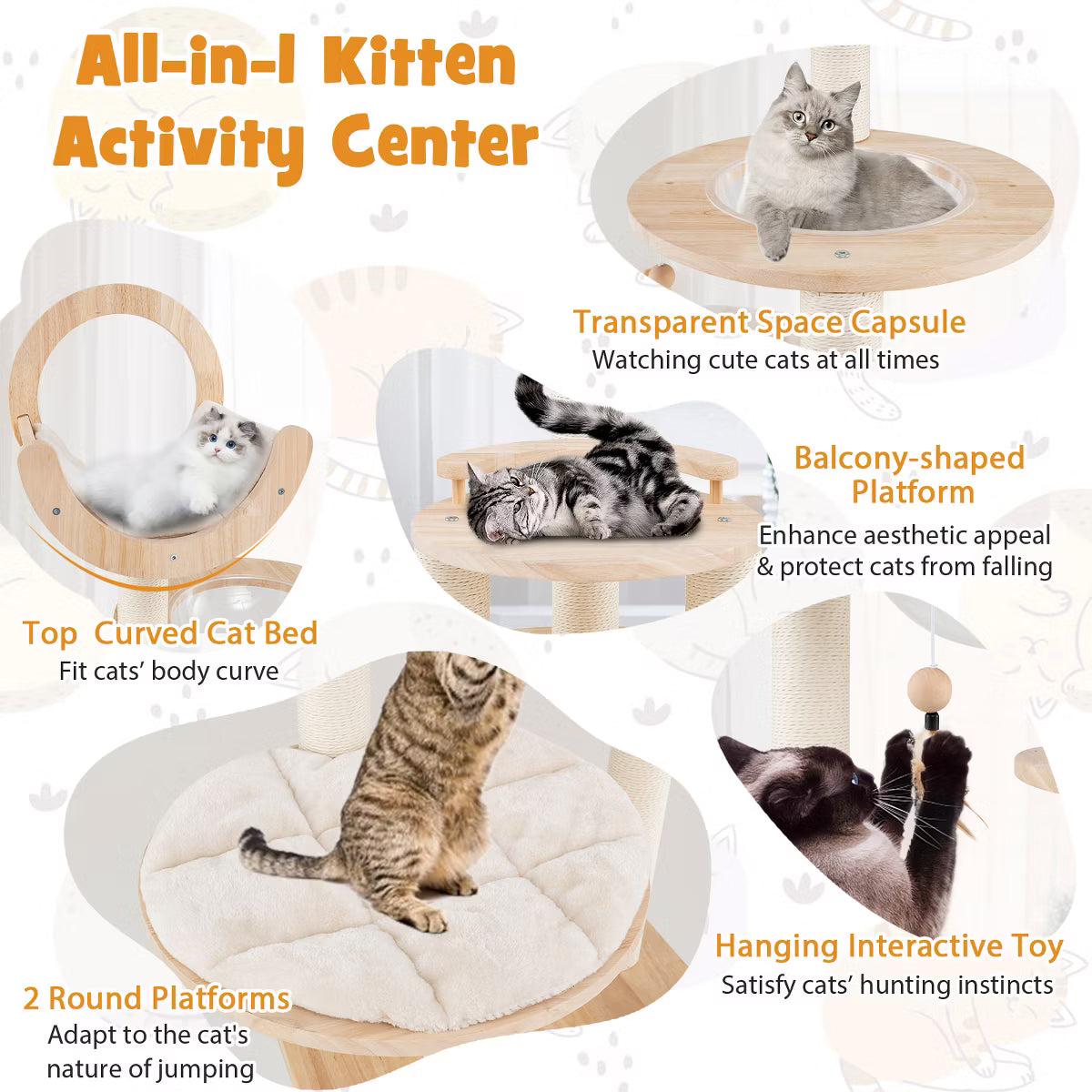 4-in-1 Building Block Cat Tree w/ Space Capsule Nest Padded Platform Hanging Toy