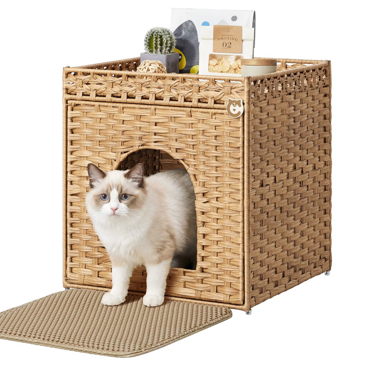 Cat Litter Box Enclosure, Handwoven Rattan Hidden Litter Box Furniture with Extra Mat