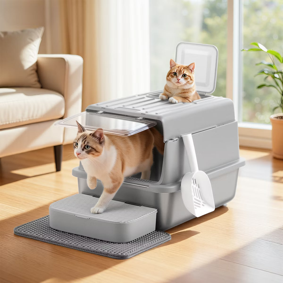 Stainless Steel Cat Litter Box with Flip Lid, Covered Metal Litter Box