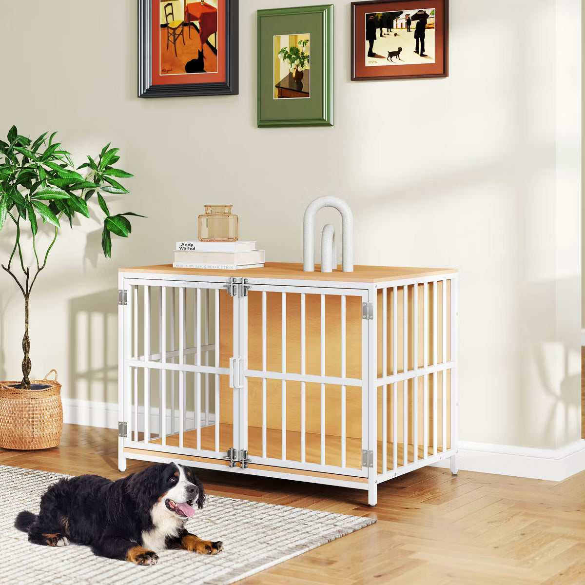 Heavy-duty Dog Crate Furniture with 2 Lockable Doors for Small Medium Breeds Natural