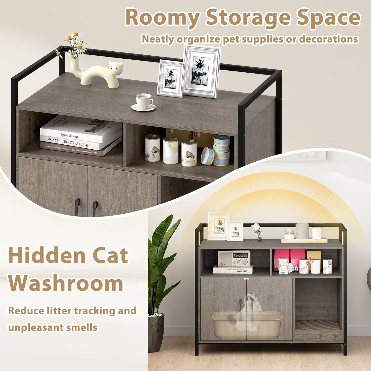 Cat Litter Box Enclosure w/ Storage Compartments Removable Scratching Board Gray