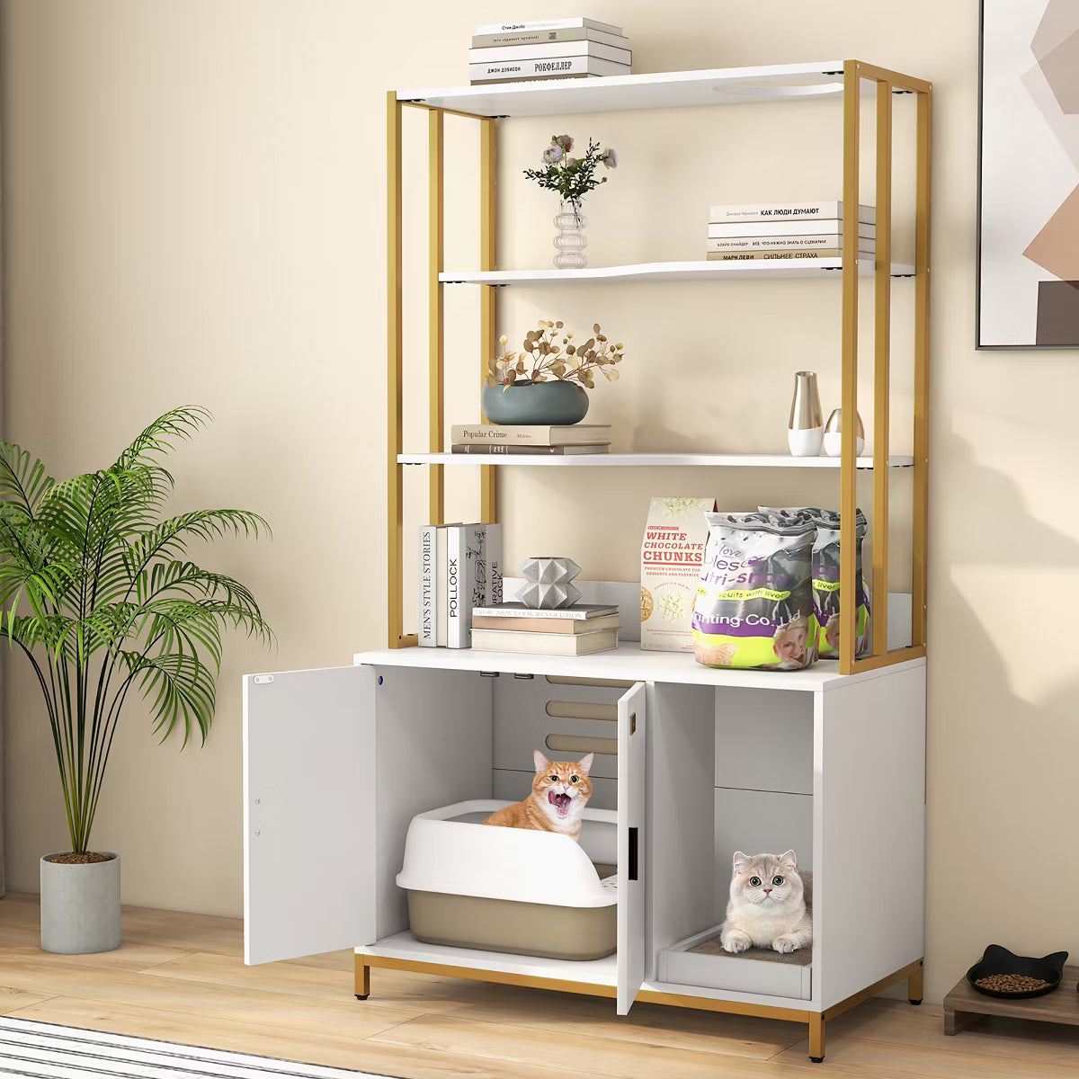 61" Cat Litter Box Enclosure w/ Storage 3-tier Shelves Side Entrance Indoor