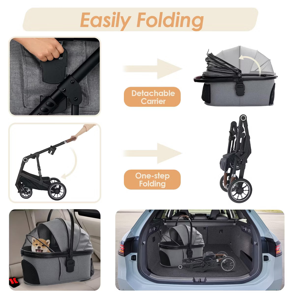 3-in-1 Folding Pet Stroller for Small to Medium Dogs and Cats up to 50 lbs with Storage Basket