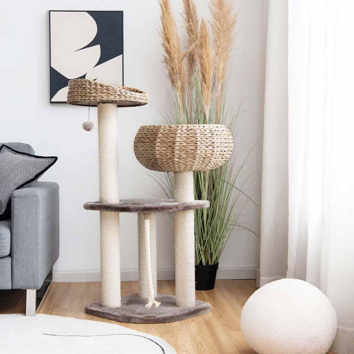 41'' Hand-Made Cat Tree Tower Natural Bowl Shaped w/ 2 Perch Coffee