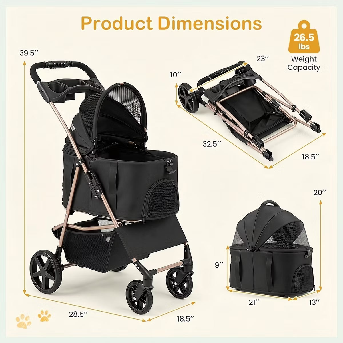 Foldable Dog Stroller for Small and Medium Dogs with Detachable Pet Carrier