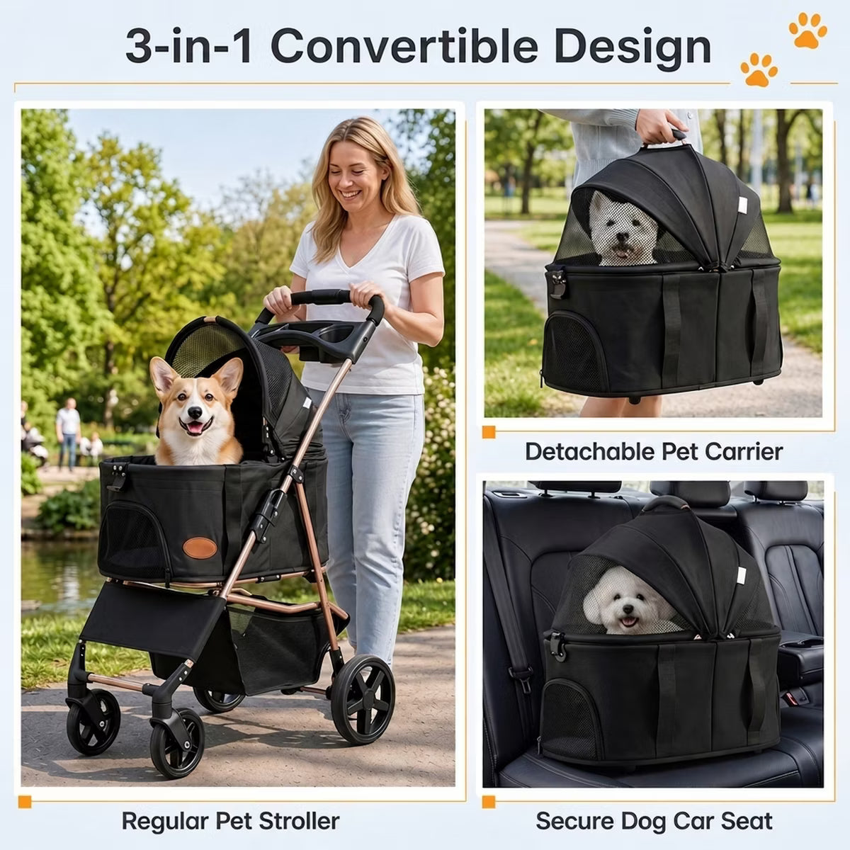 Foldable Dog Stroller for Small and Medium Dogs with Detachable Pet Carrier
