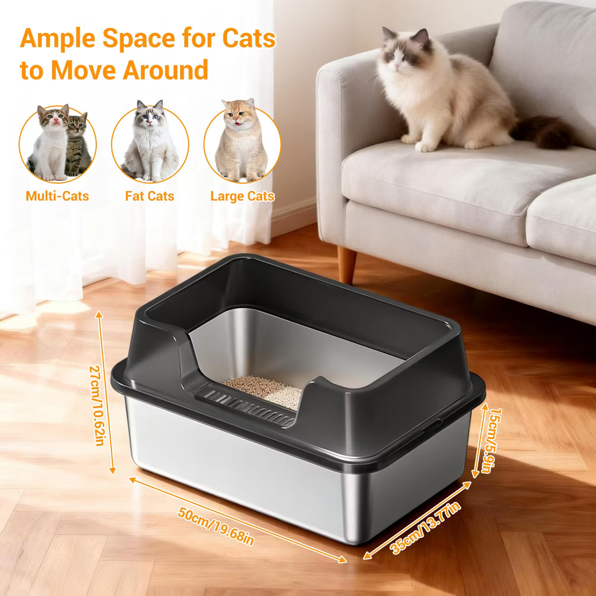 Jumbo Stainless Steel Cat Litter Box - High-Sided & Non-Stick,
