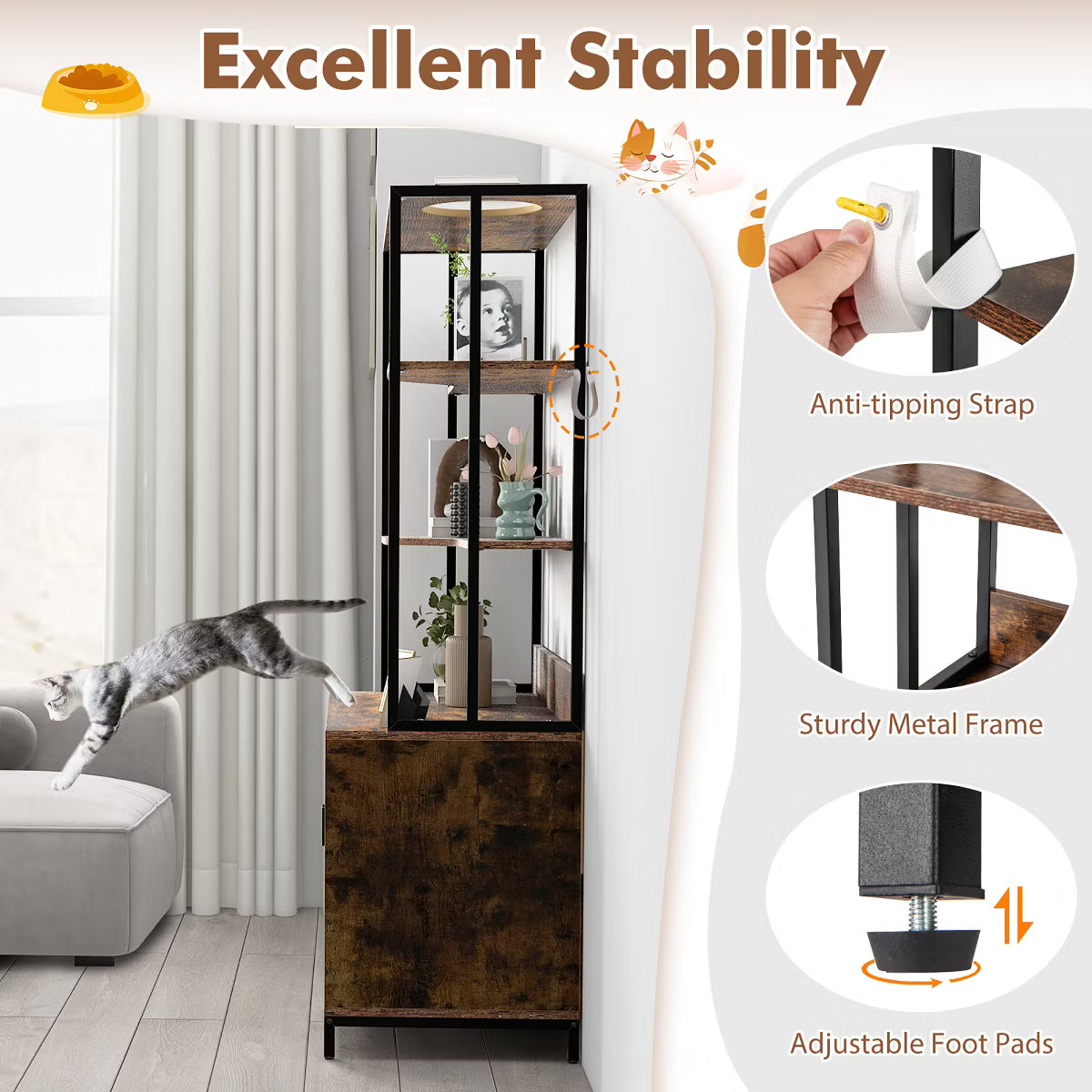61" Cat Litter Box Enclosure w/ Storage 3-tier Shelves Side Entrance Indoor