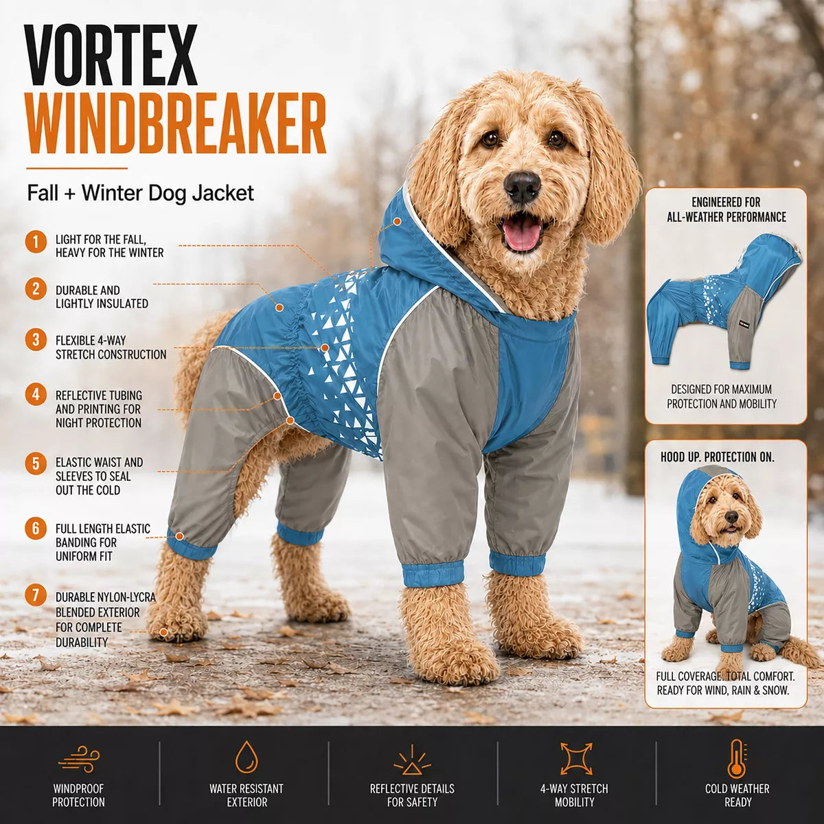 Vortex Full Bodied Waterproof Windbreaker Dog Jacket