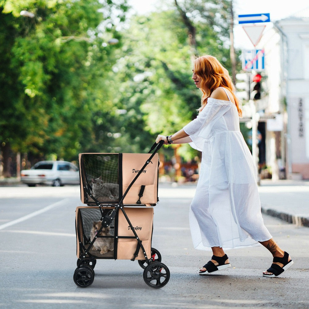Detachable cat carrier from the beige 4-in-1 stroller used as a carrier bag