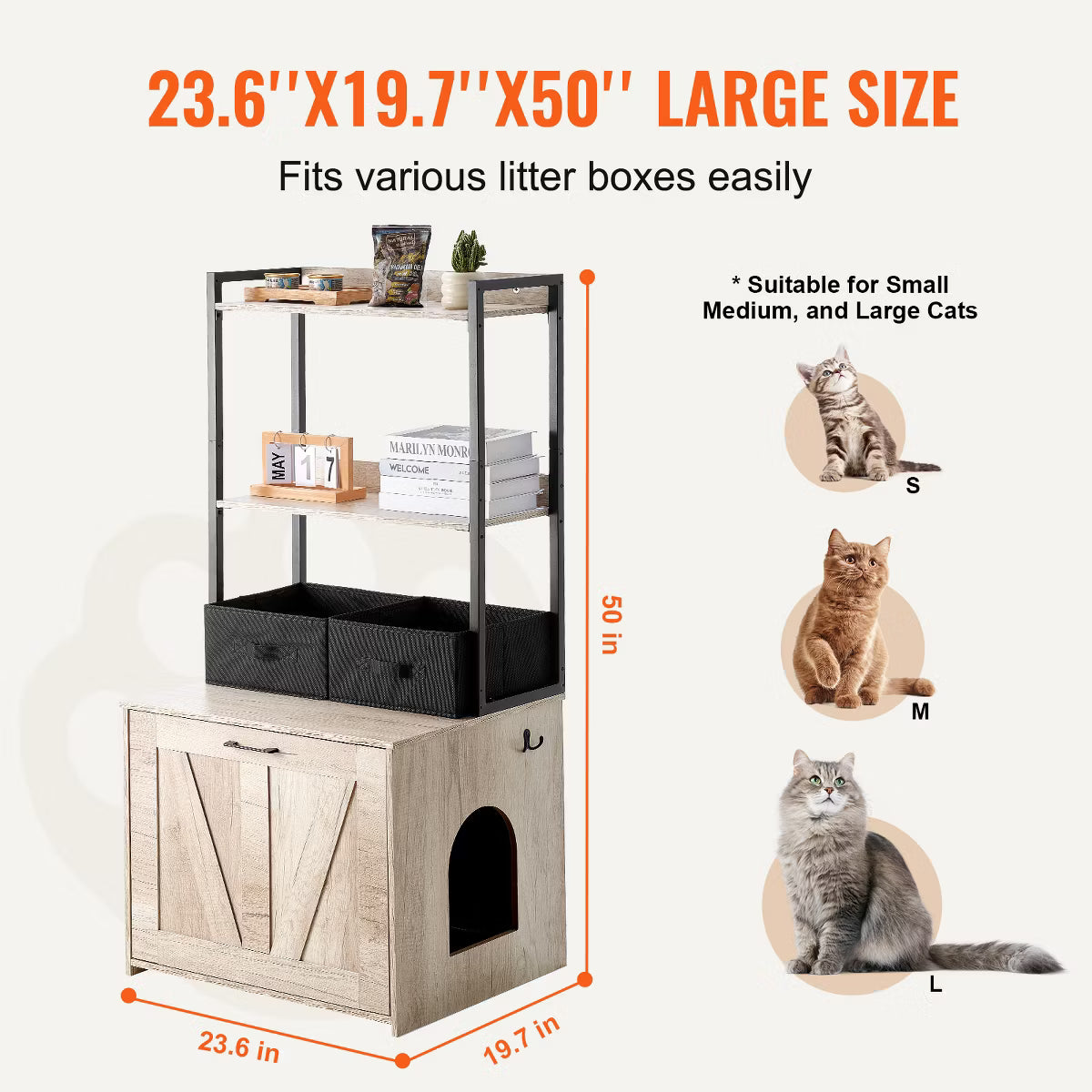 Cat Litter Box Enclosure, Hidden Litter Box Furniture with 2 Storage Shelves & 2 Baskets