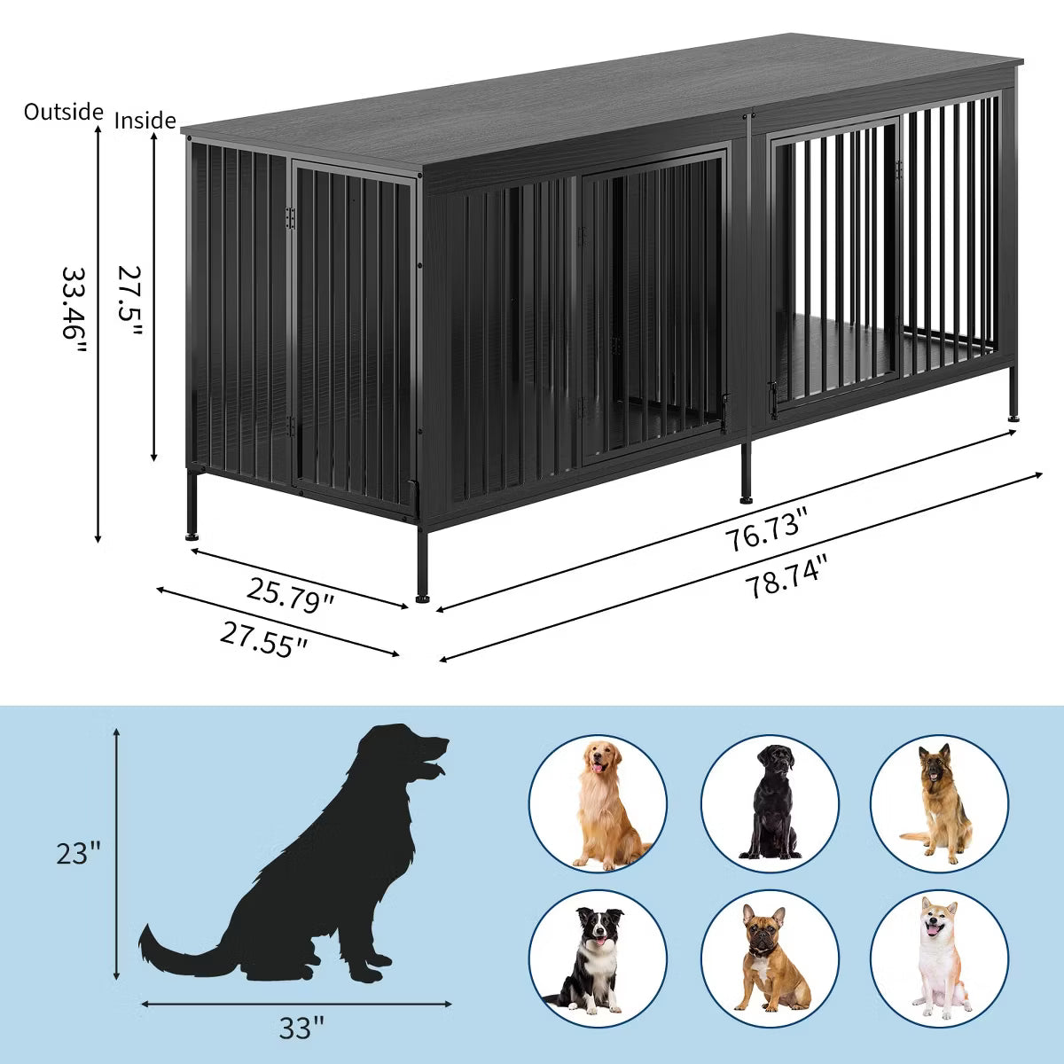 79" Double Dog Crate Furniture, Heavy-Duty Wooden Indoor Dog Kennel with Divider,