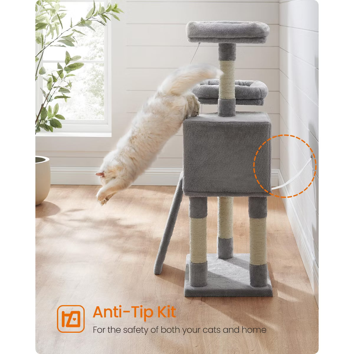 45.3-Inch Cat Tower with Scratching Ramp, Multi-Level Cat Condo with Spacious Cave & 2 Perches,