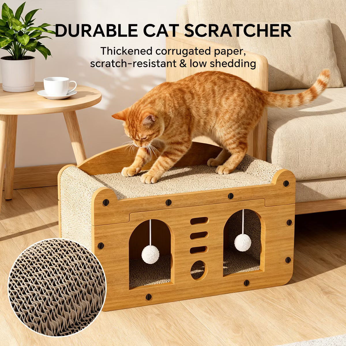 at Scratcher House with Bed and Hanging Pom-Pom Toy,