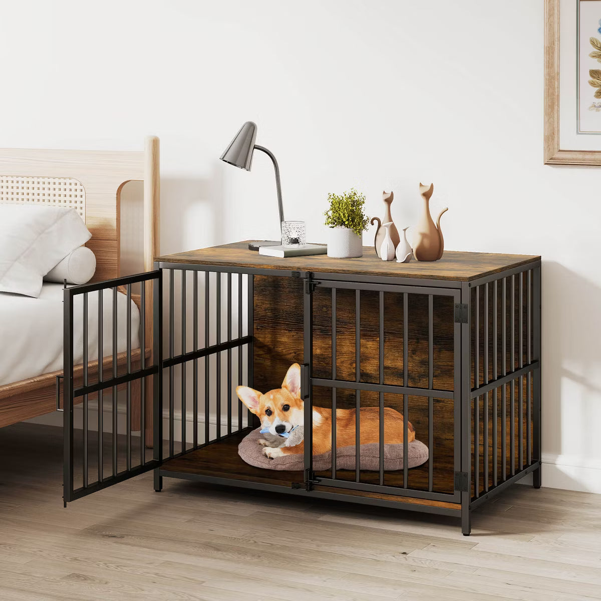 Heavy-duty Dog Crate Furniture with 2 Lockable Doors for Small Medium Breeds Natural