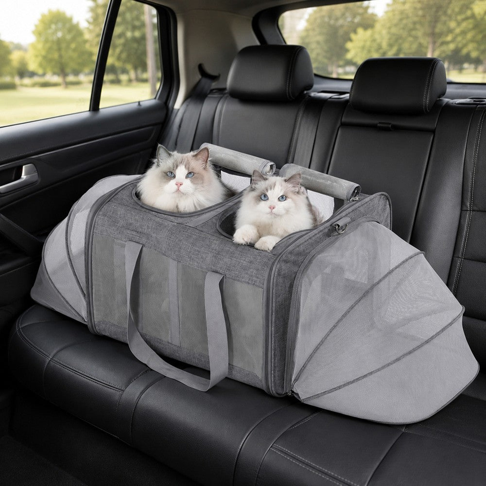 Grey expandable cat carrier with breathable mesh panels