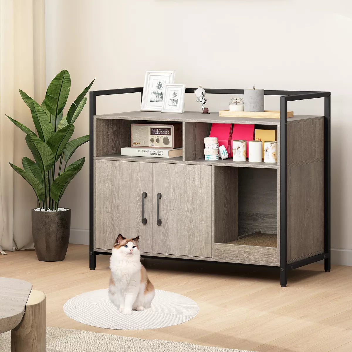 Cat Litter Box Enclosure w/ Storage Compartments Removable Scratching Board Gray