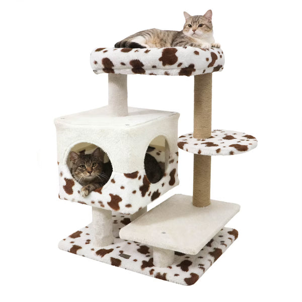 Modern Cat Tree with Wide Upholstered Perch & 2-Entrance Cat Condo Scratching Posts