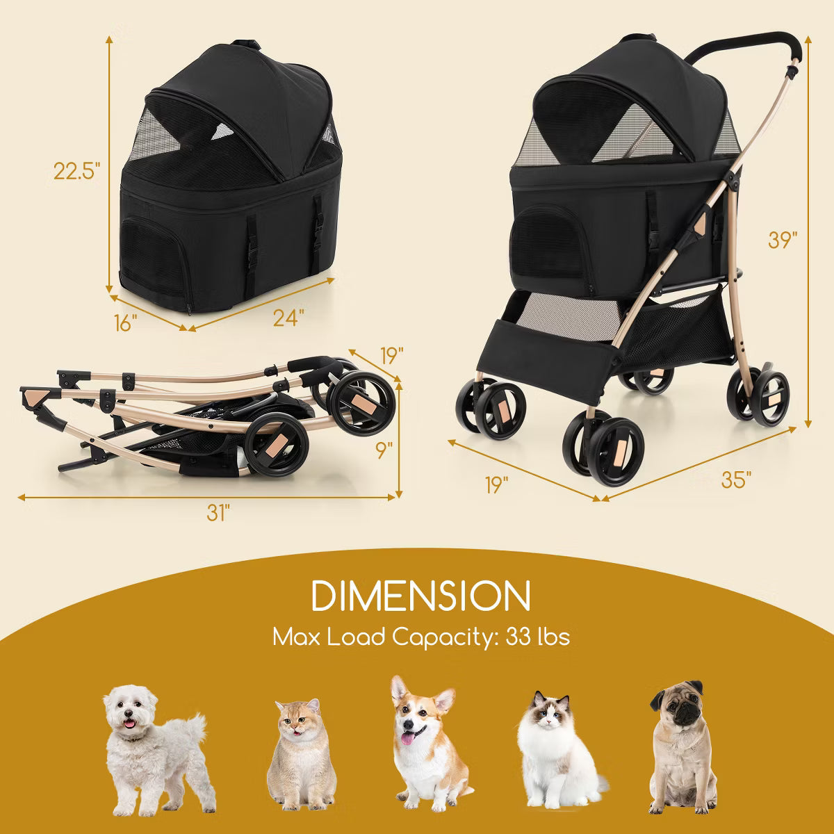 Petsite 3-In-1 Pet Stroller with Removable Car Seat Carrier 4-Level Adjustable Canopy Black & Rose Gold
