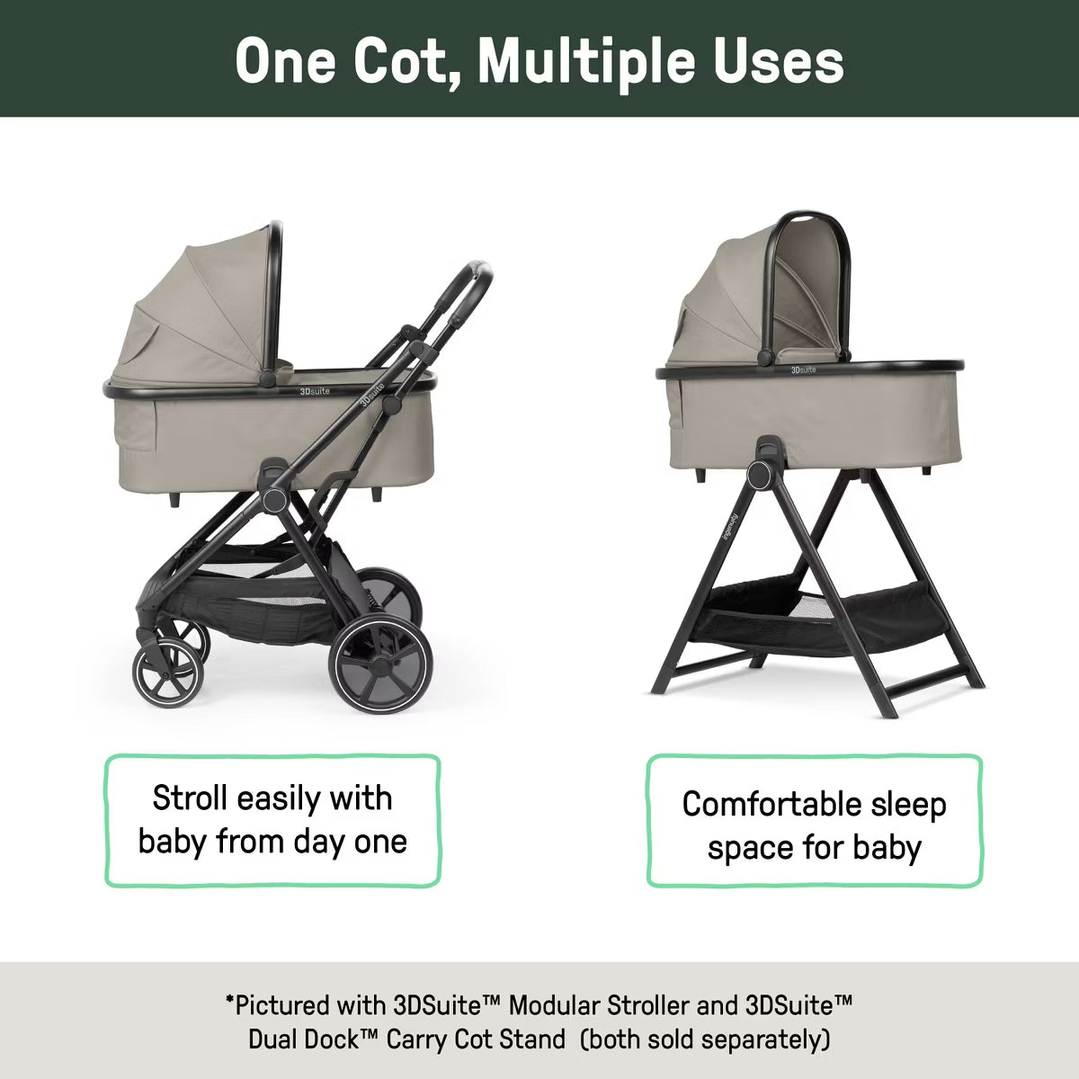 3DSuite DualDock Carry Cot, Portable Baby Bassinet for Stand or Stroller