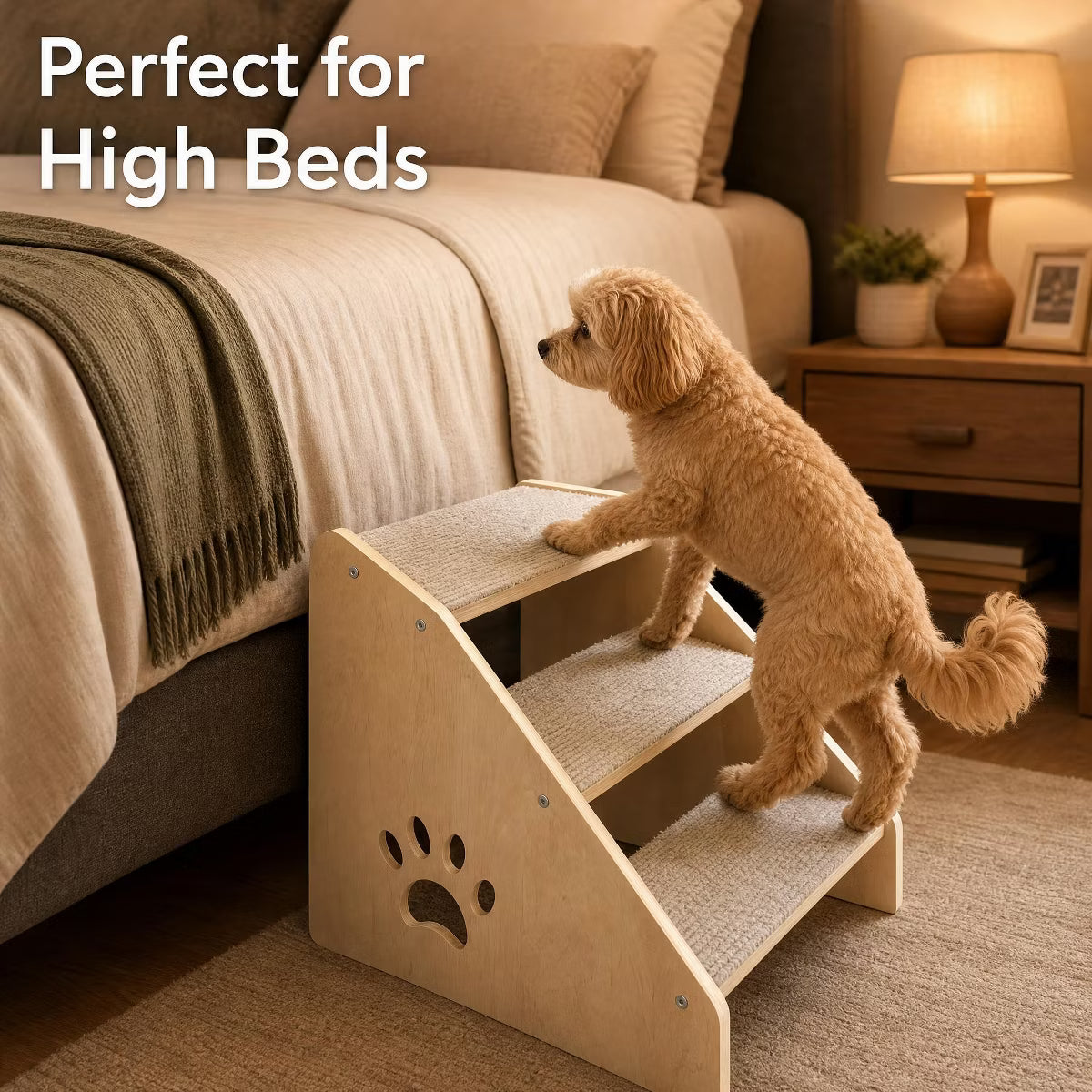 3-Step Wooden Pet Stairs for Small Dogs Cats NonSlip Steps Soft Fabric Cover – Ideal for Bed,