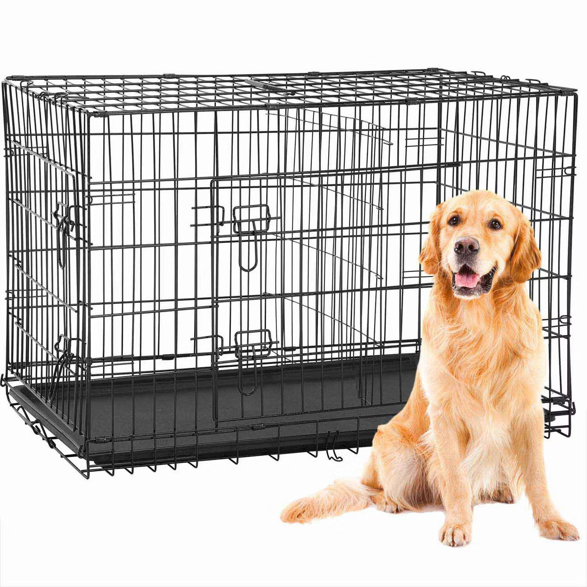 42 Inch Dog Crates for Large Dogs Folding Metal Wire Crates Dog Kennels Pet Dog Cage Crate with Double-Door
