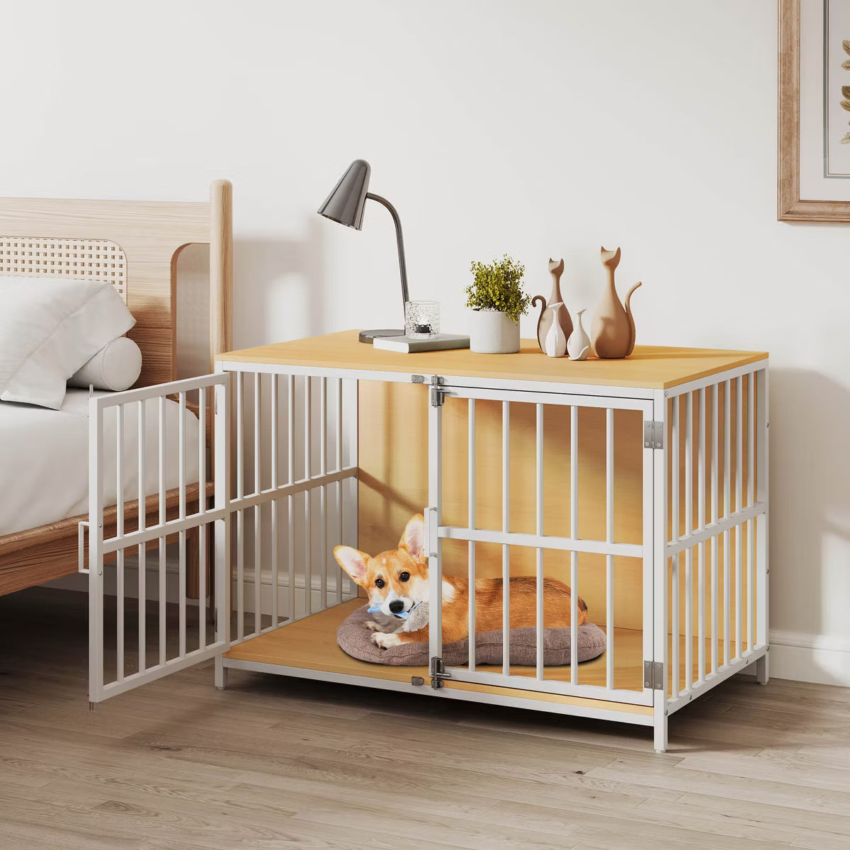Heavy-duty Dog Crate Furniture with 2 Lockable Doors for Small Medium Breeds Natural