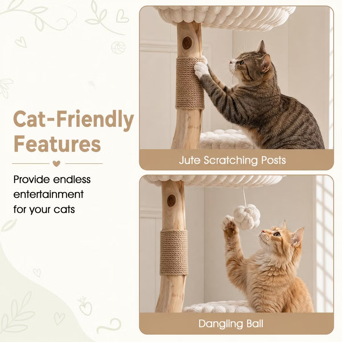 Solid Wood Cat Tree Tower 41 Inch with Real Branches, Scratching Posts and Cozy Bed