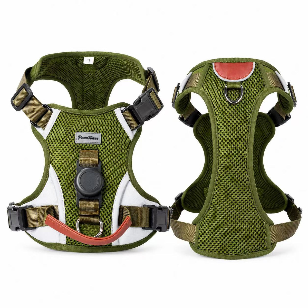 Army green PawWave no-pull dog harness with AirTag holder, front and back view