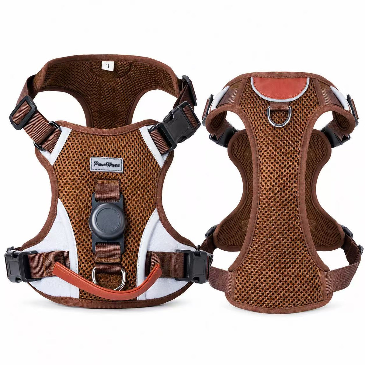 Coffee brown PawWave no-pull dog harness with AirTag holder, front and back view