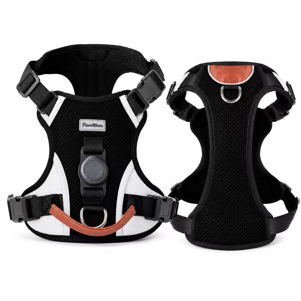 Black PawWave no-pull dog harness with AirTag holder, front and back view